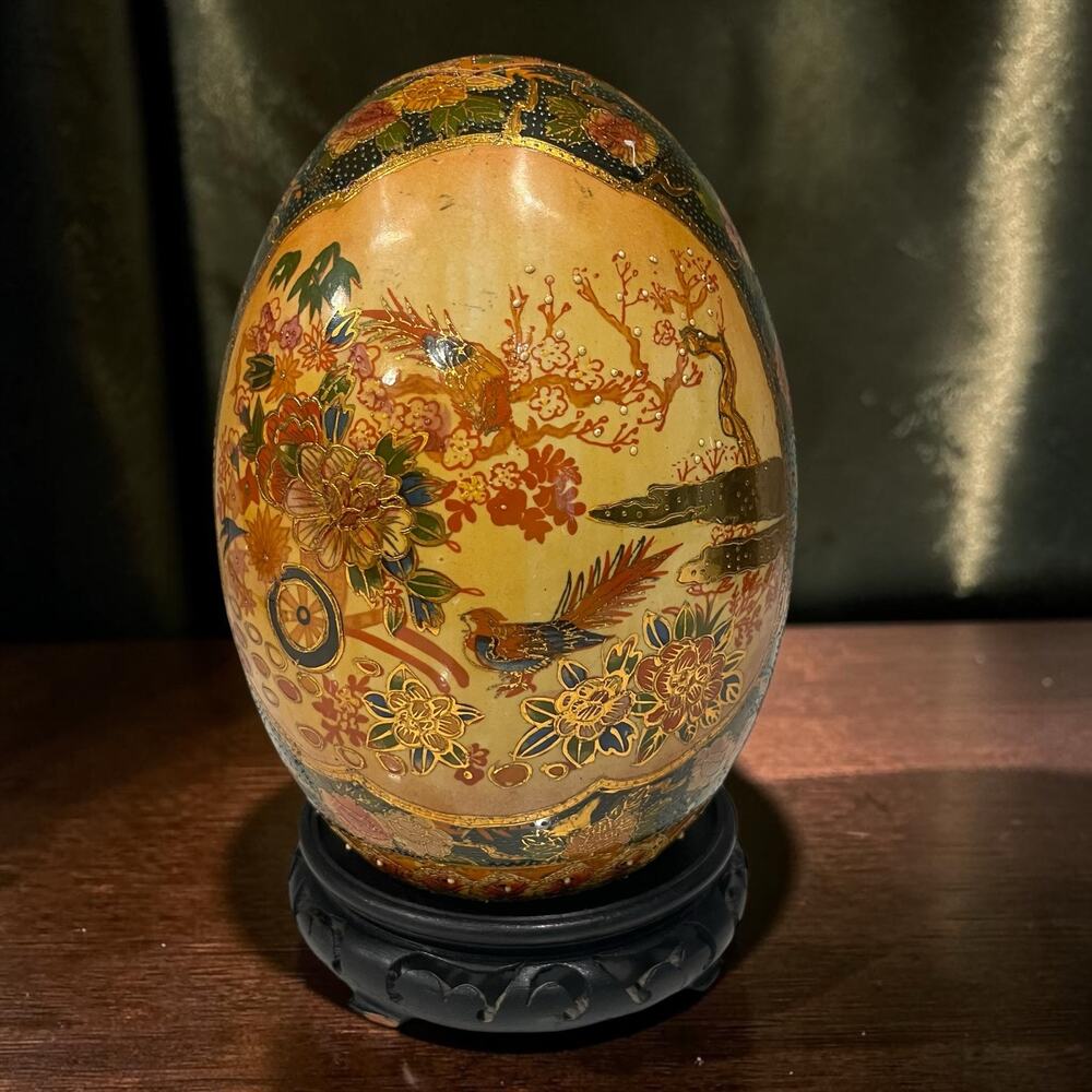 Vintage Satsuma Style Hand Painted Egg on Stand Birds Flowers Raised Gold 9.5”